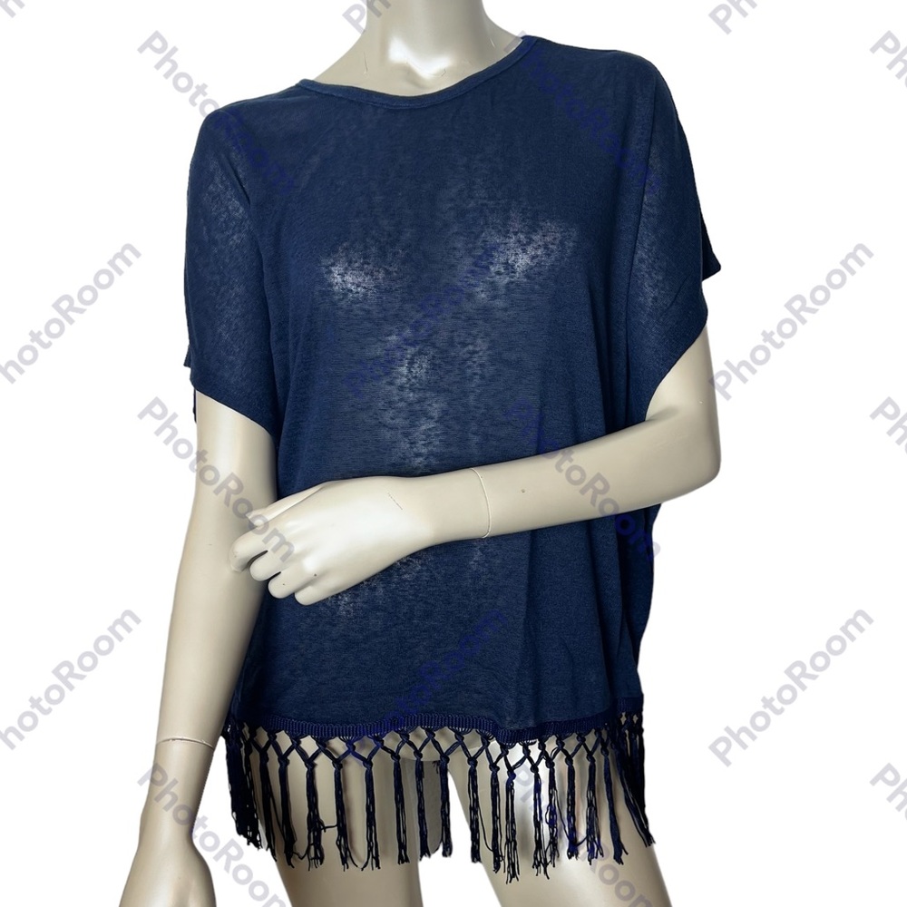Esperanza New York Brand Blue Draped Sleeve Fringe layering Top